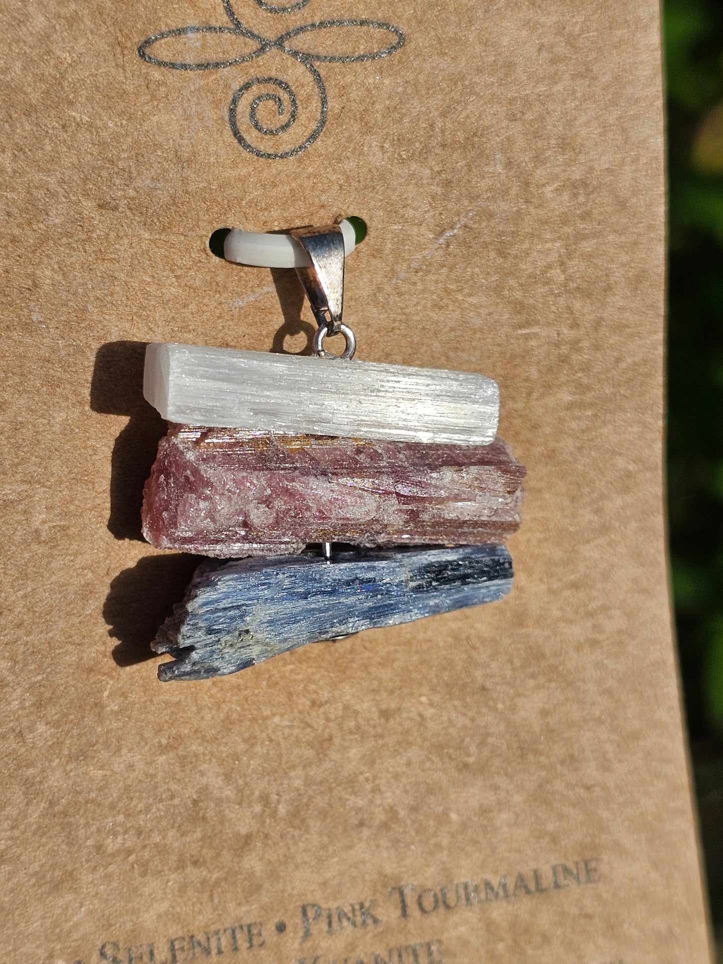 Selenite, Pink Tourmaline, Blue Kyanite Pendant, "Patience"