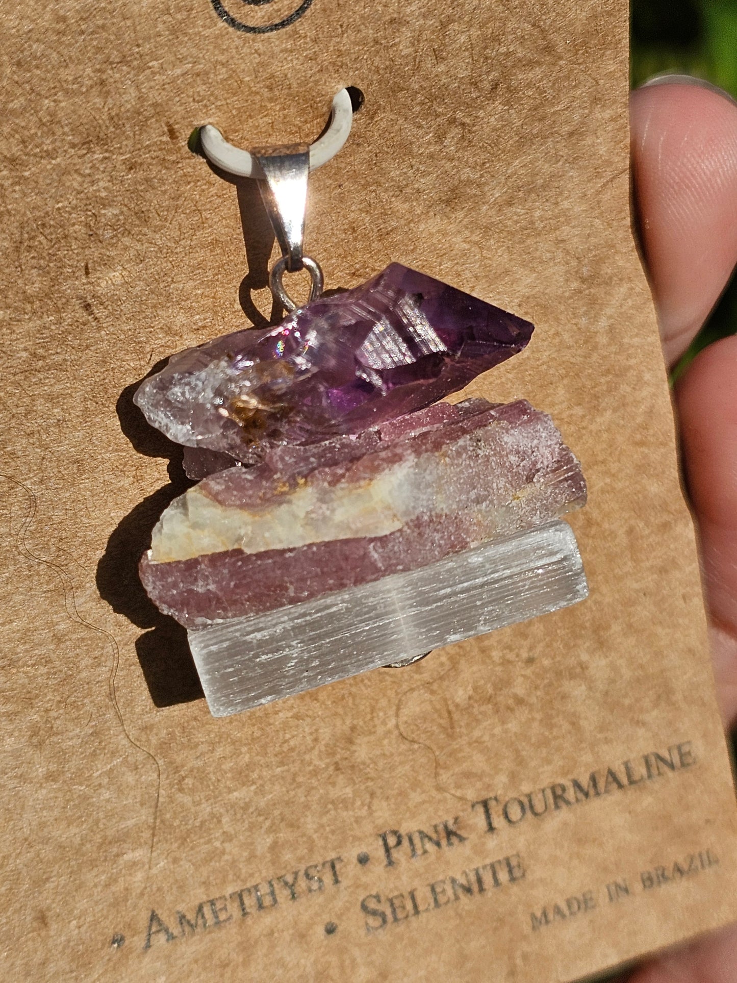 Amethyst, Pink Tourmaline, Selenite Pendant, "Healing"