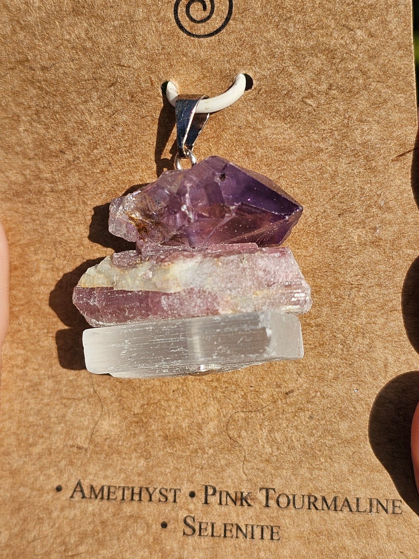 Amethyst, Pink Tourmaline, Selenite Pendant, "Healing"