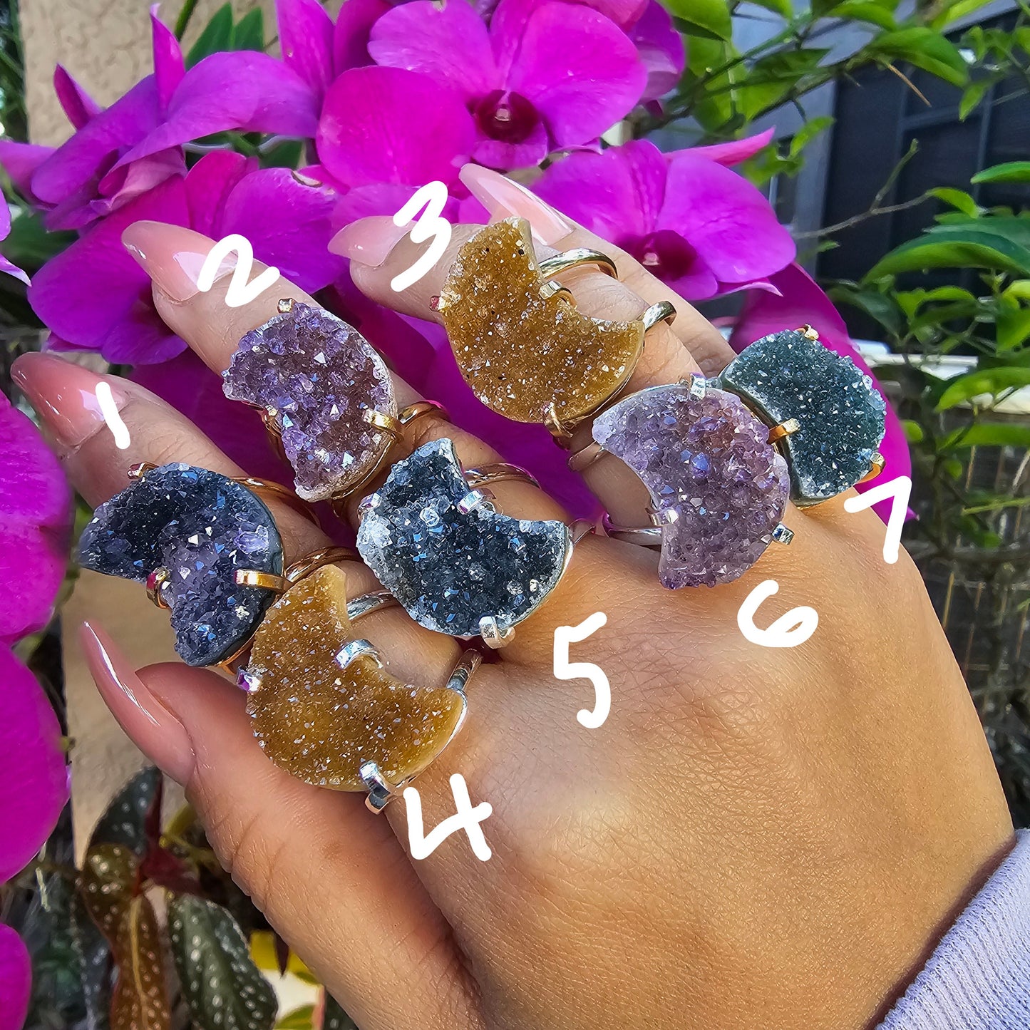 Rainbow Amethyst Moon Rings