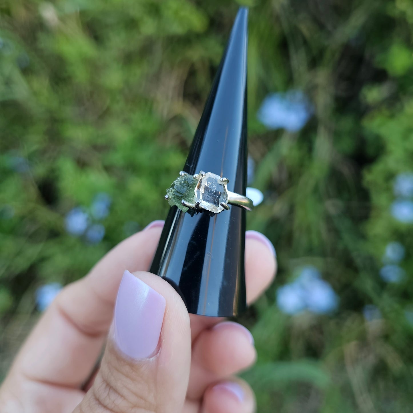 Moldavite with Pakimer Diamond Ring