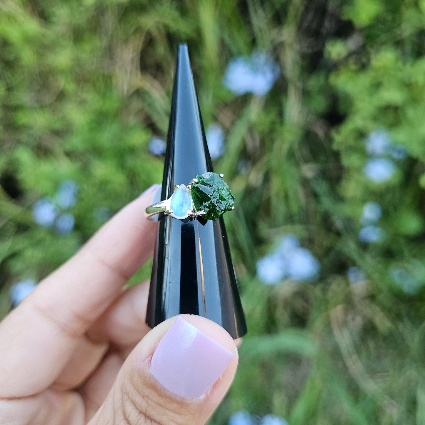 Chrome Diopside with Rainbow Moonstone Ring