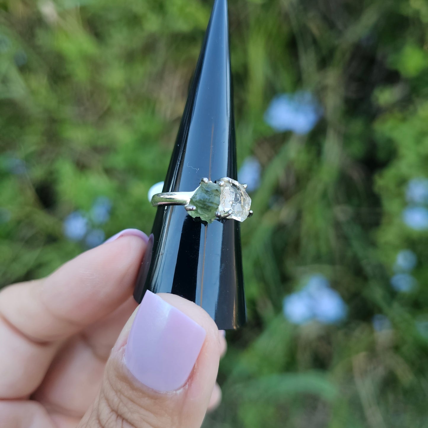 Moldavite with Pakimer Diamond Ring