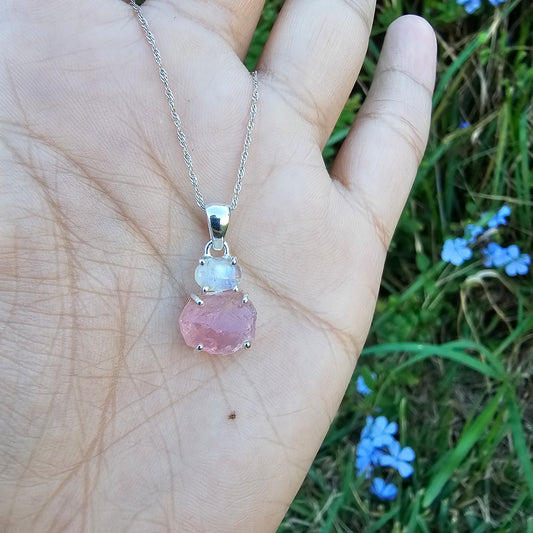 Rose Quartz with Rainbow Moonstone Pendant