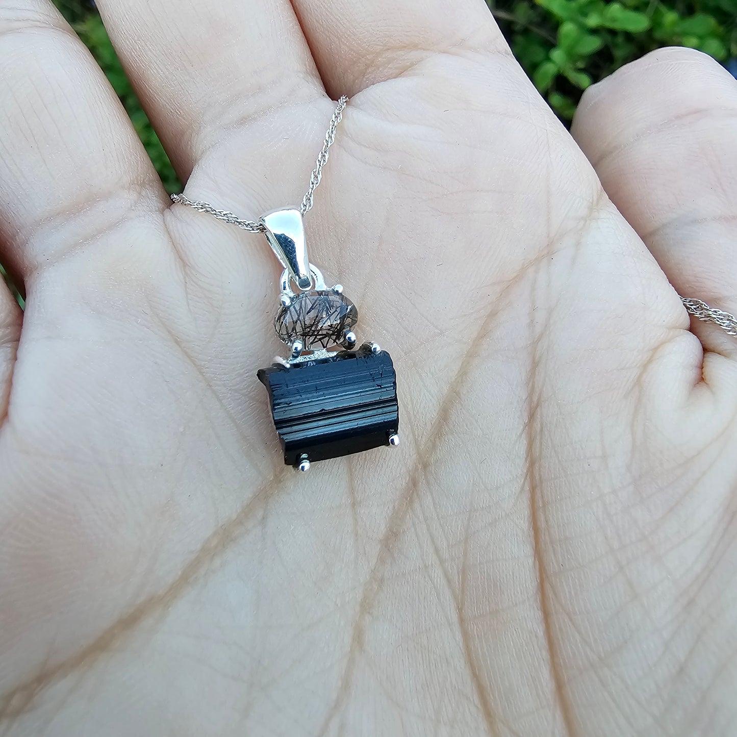 Black Tourmaline with Tourmalated Quartz Pendant