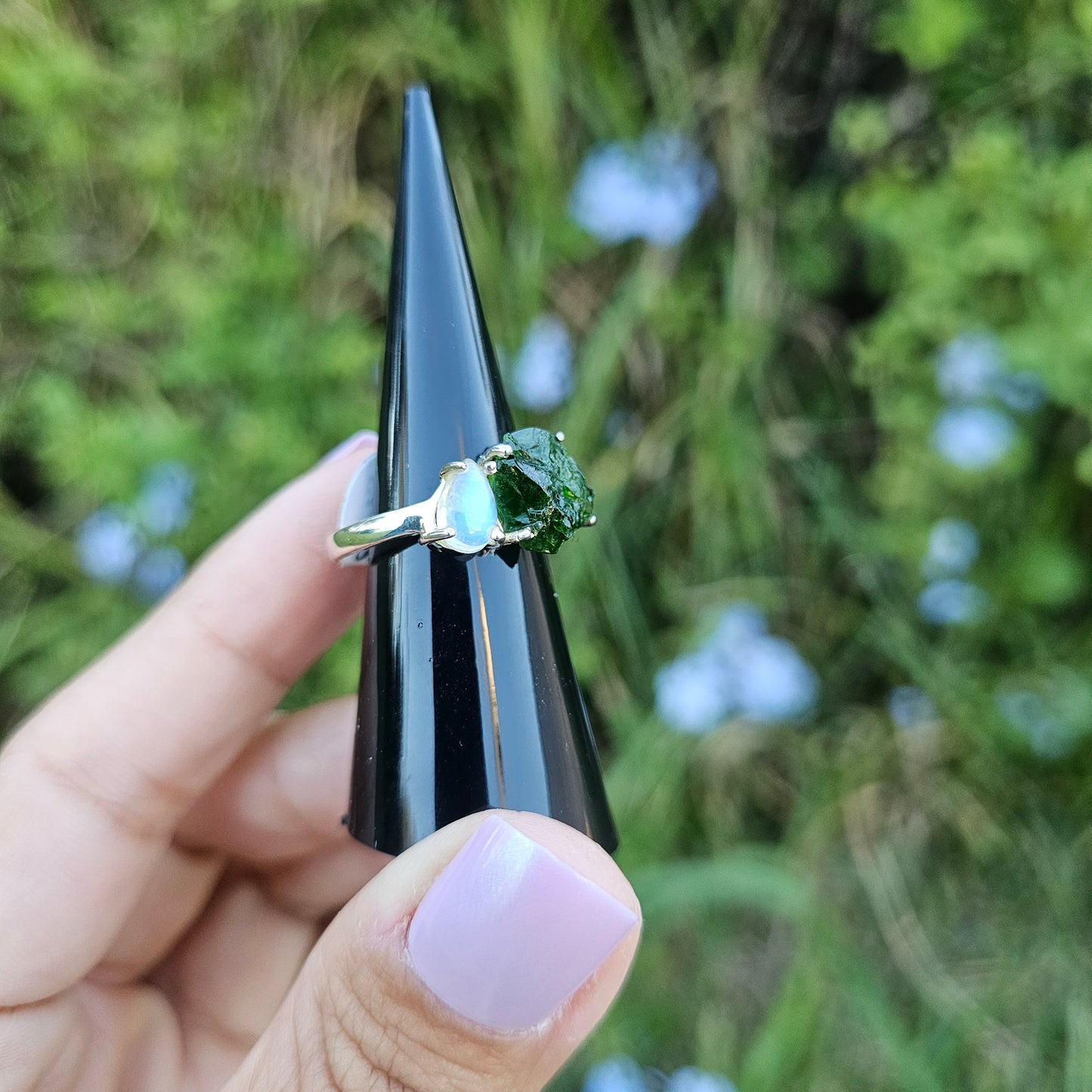 Chrome Diopside with Rainbow Moonstone Ring