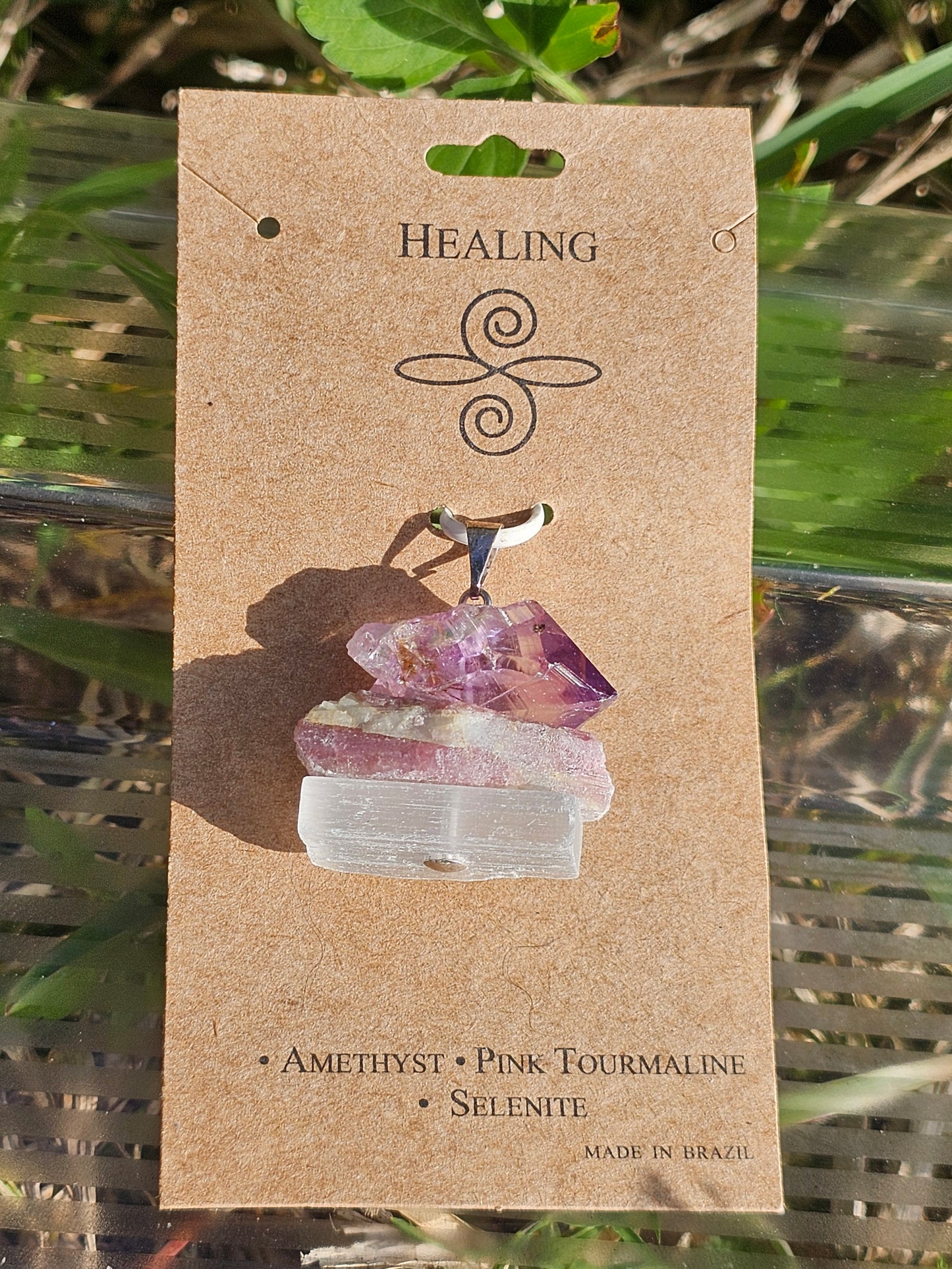 Amethyst, Pink Tourmaline, Selenite Pendant, "Healing"