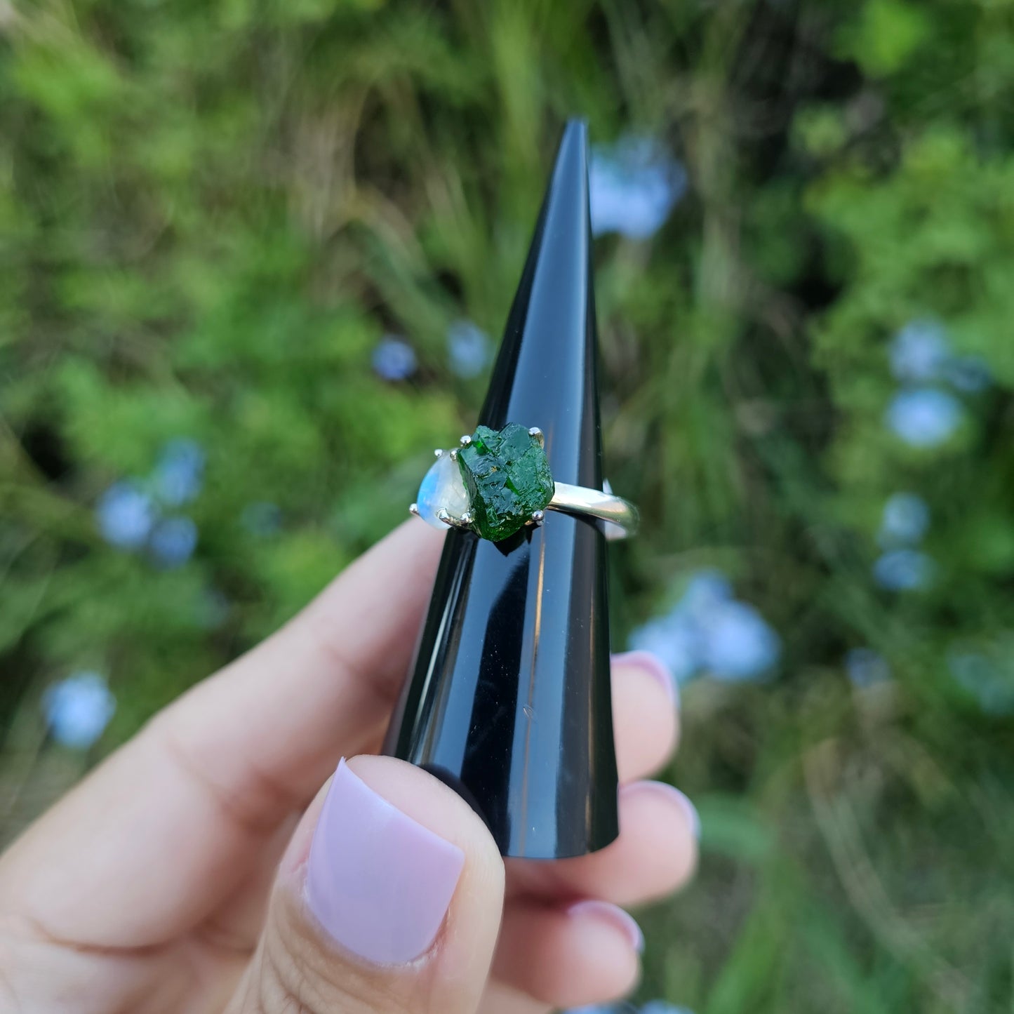 Chrome Diopside with Rainbow Moonstone Ring