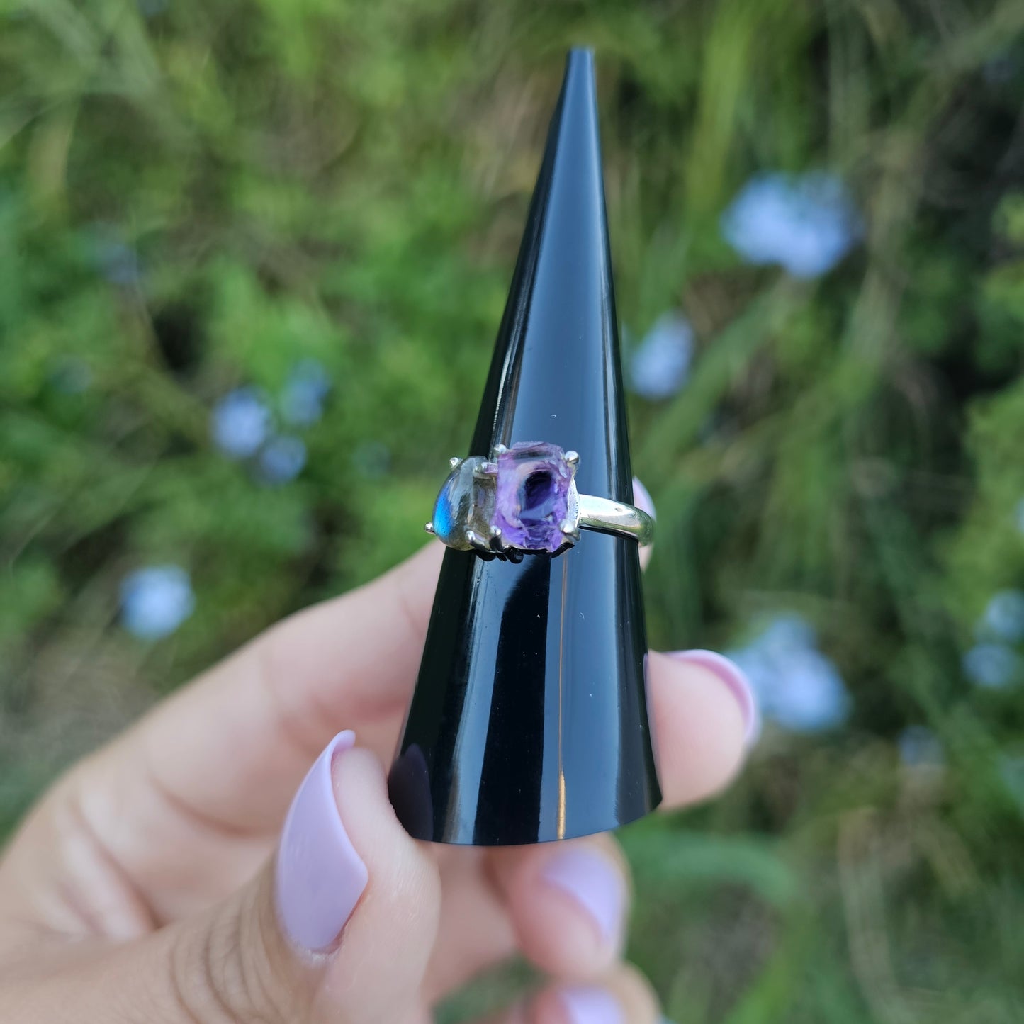 Amethyst with Flashy Labradorite Ring