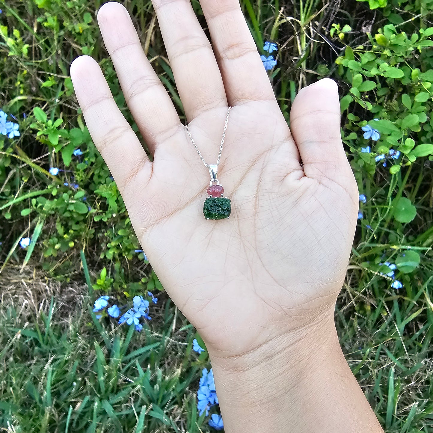 Chrome Diopside with Pink Tourmaline Pendant